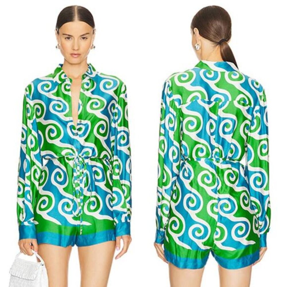 NWT Alexis Qu Swirl Satin Button Collared Long-Sleeve Romper Multi Color Size: L
